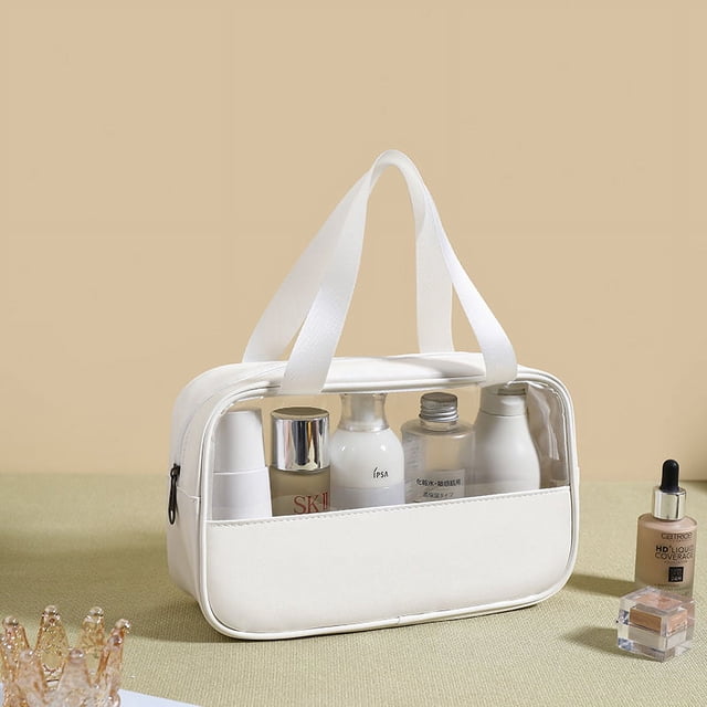 Bolsa de cosméticos con empalme de PU, bolsa de lavado impermeable transparente de PVC, bolso de mano portátil de viaje, bolsa de almacenamiento de baño de gran capacidad