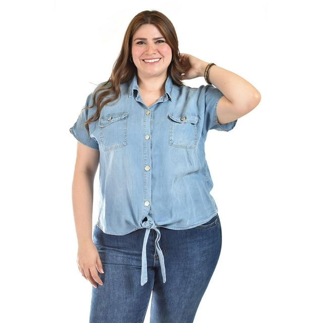 Blusa de mezclilla con nudo Roman Fashion /Tallas Extras, 5116 (Mezclilla light) azul 40