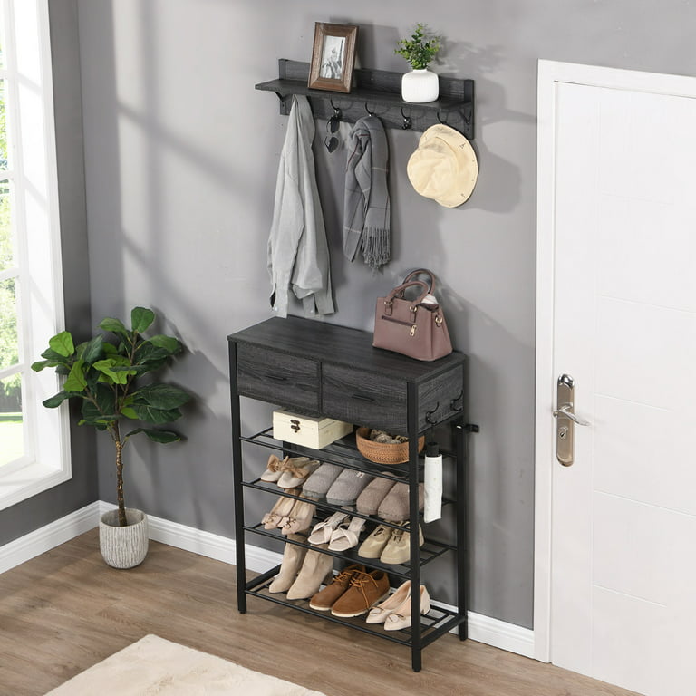 Entryway Shoe Rack and Coat Hooks, Sesslife Shoe Organizer with 4 Shelves  and 2 Drawers, Entryway Shoe Rack Shelf with Hook for Hallway Living Room  Closet, 4-Tier Rustic Shoe Storage Gray 