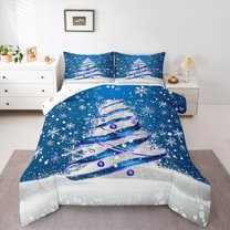Manfei Girly Blue Tree Queen Comforter Set, Cartoon Winter Snowflake Bedding Sets, Merry Christmas Theme Reversible Bedding Comforter Set, Luxury Bedroom Decor, 3 Pieces