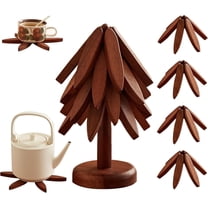 Wooden Trivets for Hot Dishes, Wooden Tree Coasters Tree Shape Trivet Set for Hot Pots and Pans, Foldable Kitchen Walnut Table Mat for Easy Storage, Coaster with 4 Wooden Trivets,1 Stand
