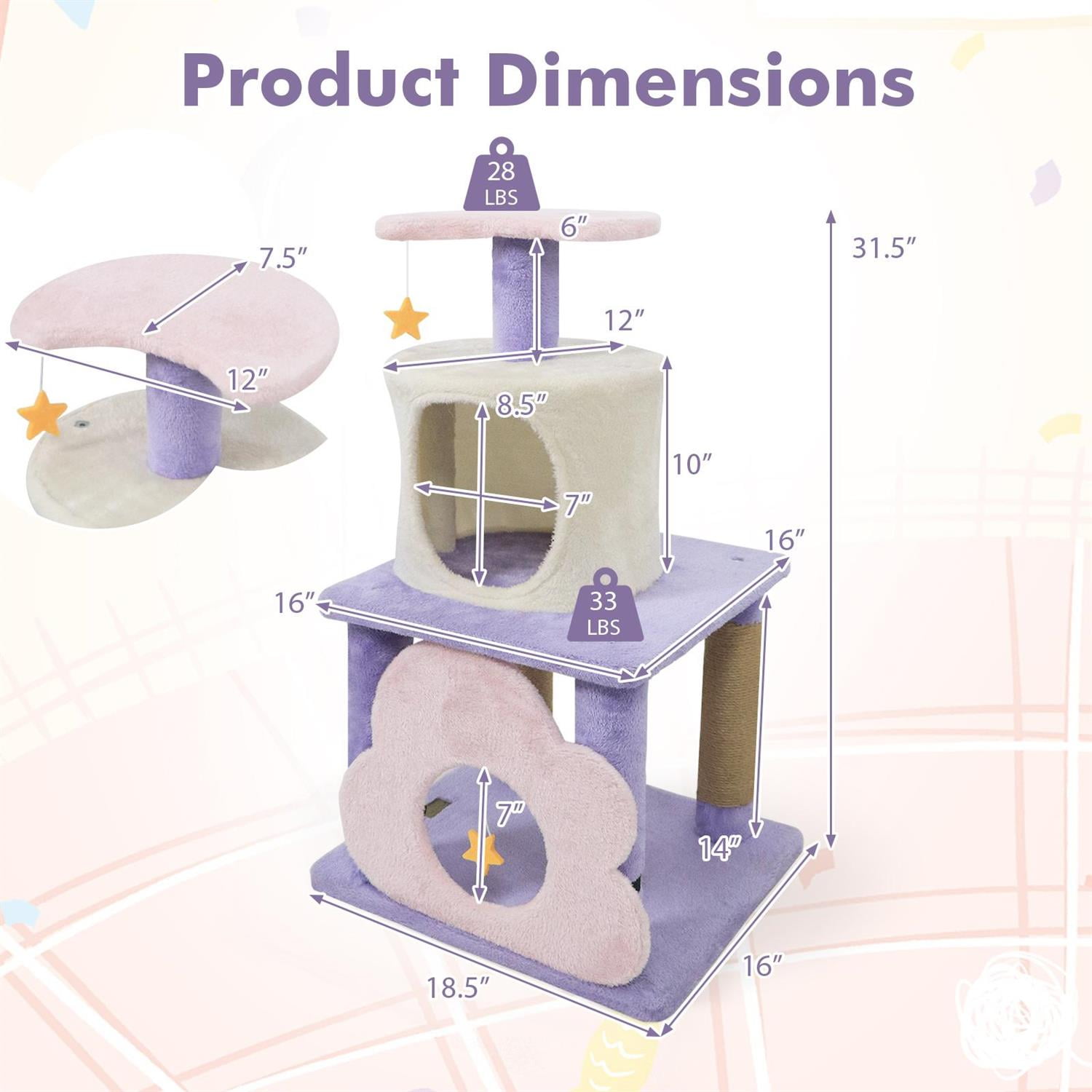 Demi Bonn 31.5" Cute Modern Cat Tree, Multi-Level Kitten Tower, Moon-shaped Perch & Cloud Cave, Purple