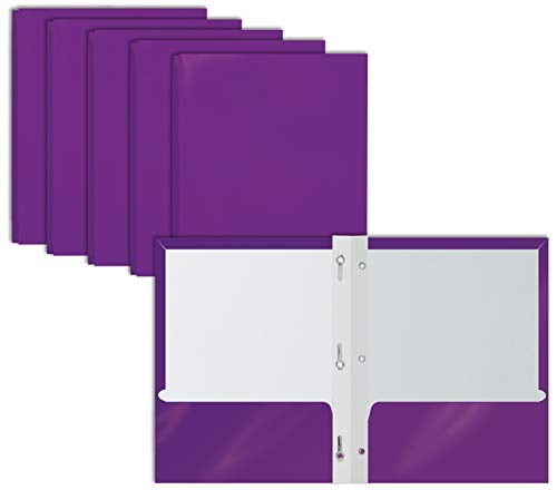 2 Pocket Glossy Purple Paper Folders with Prongs, 25 Pack, by Better Office Products, Letter Size, High Gloss Purple Paper Portfolios with 3 Metal Prong Fasteners, Box of 25 Glossy Purple Folders
