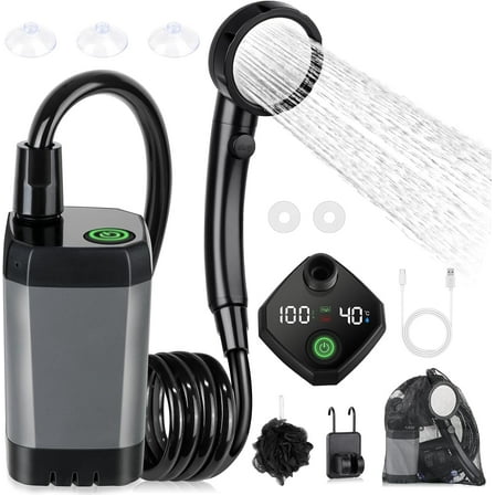 Portable Shower for Camping,  6000mAh Rechargeable Camping Shower with Intelligent LED Display, 4 Spray Modes, IPX7 Waterproof Outdoor Shower Kit for Hiking, Travel, Car, Pet