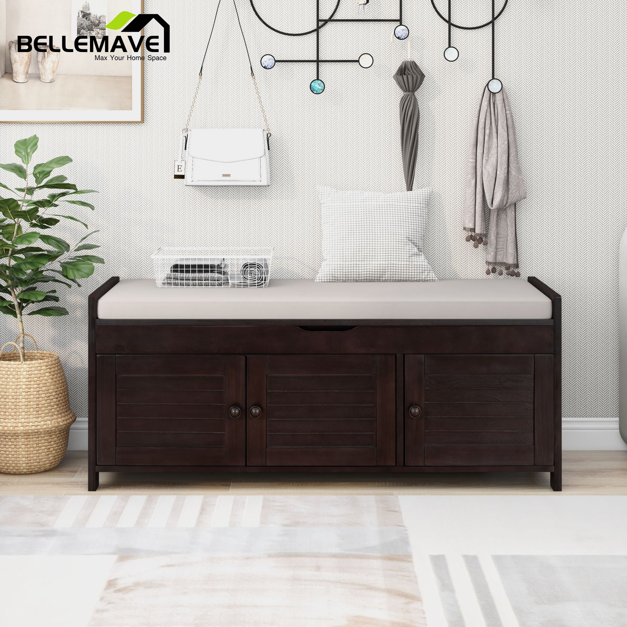 Bellemave Brown Wood Storage Bench with 3 Shuttershaped Doors, Entryway Shoe Bench with