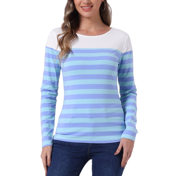 BLUSA CHIC PARA MUJER INSPIRE A RAYAS CON BLOQUE DE COLOR DE MANGA LARGA T-SHIRT CASUAL XL AZUL OSCURO CLARO