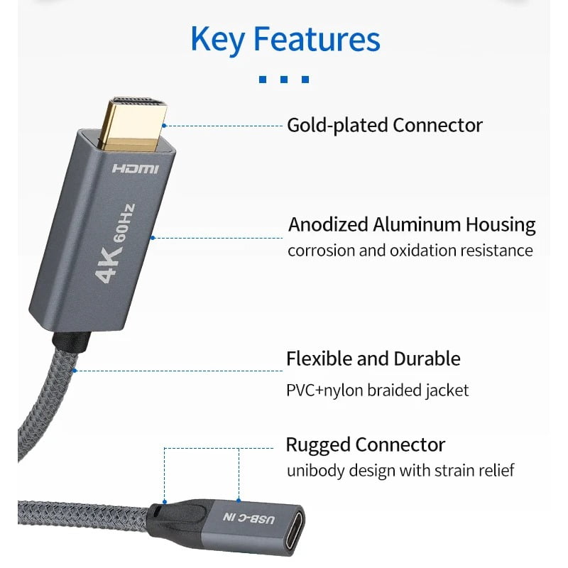 USB C Female to HD Male Adapter, Ultra HD 4K 60Hz Input/Output Converter, USB-C Audio/Video, 3.1