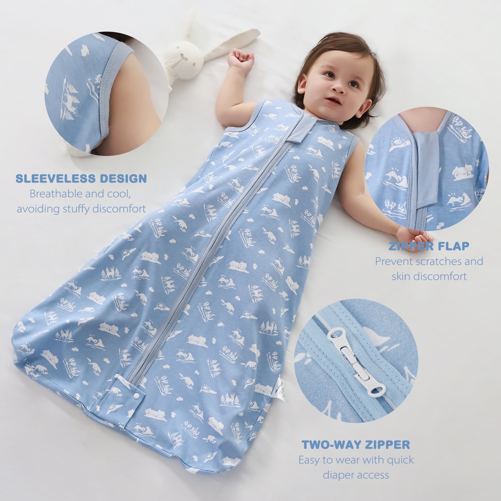 Mosebears 3Pcs 0.5 Tog Baby Sleep Sack 0-6 Months 100% Cotton Unisex Baby Wearable Blanket With 2-way Zipper