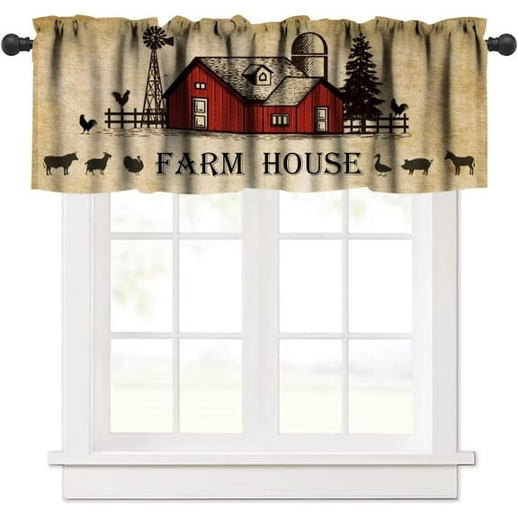 Rustic Kitchen Curtain Valance, Farmhouse Animal Cow Pig Chicken Window Valance, Western Country Style Window Treatment Valance for Living Room,54x18in
