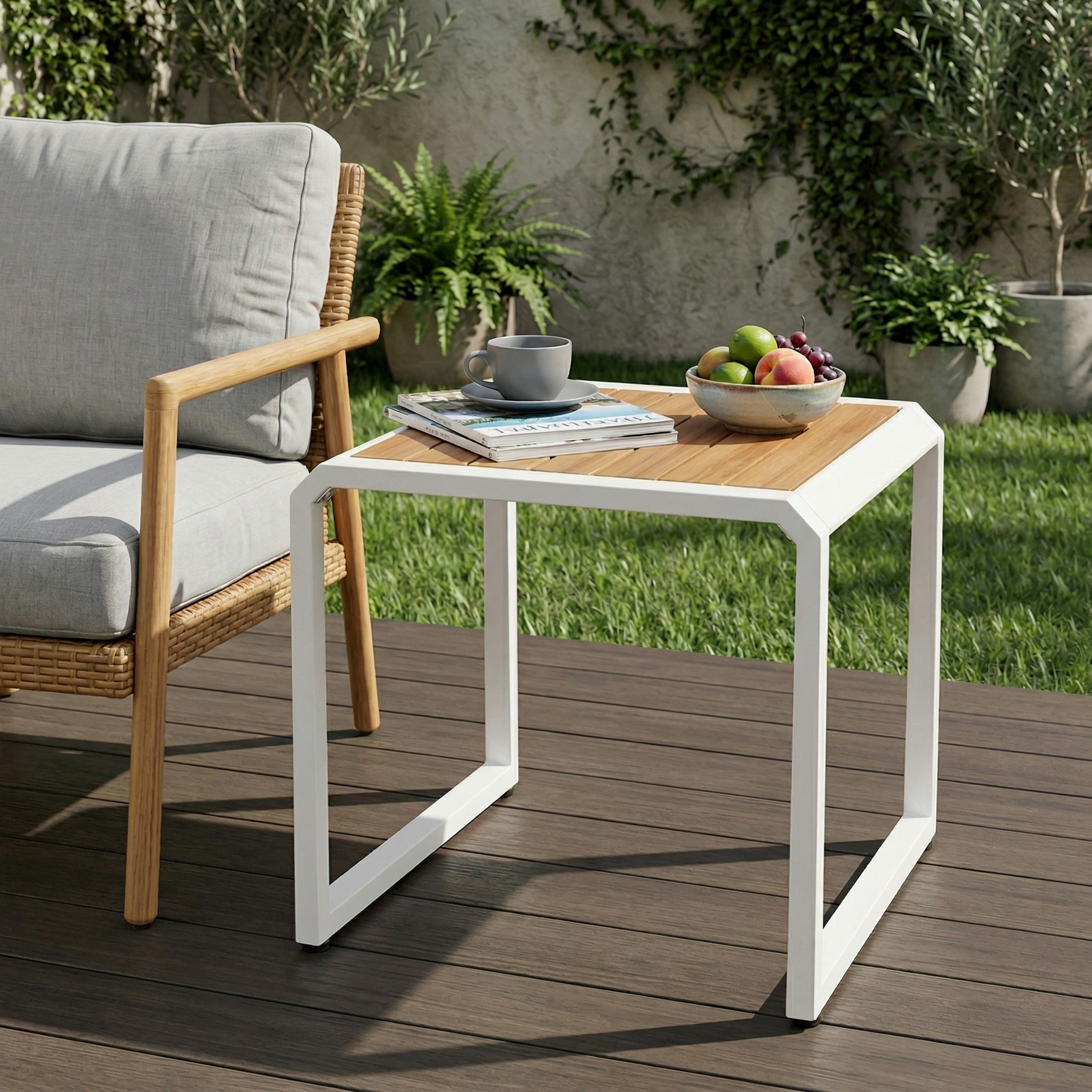 Outdoor Side Table 18.11 Inch, Patio Accent Table with Teak Wood Top and White Metal Frame, Small End Table for Porch and Poolside, Teak and White