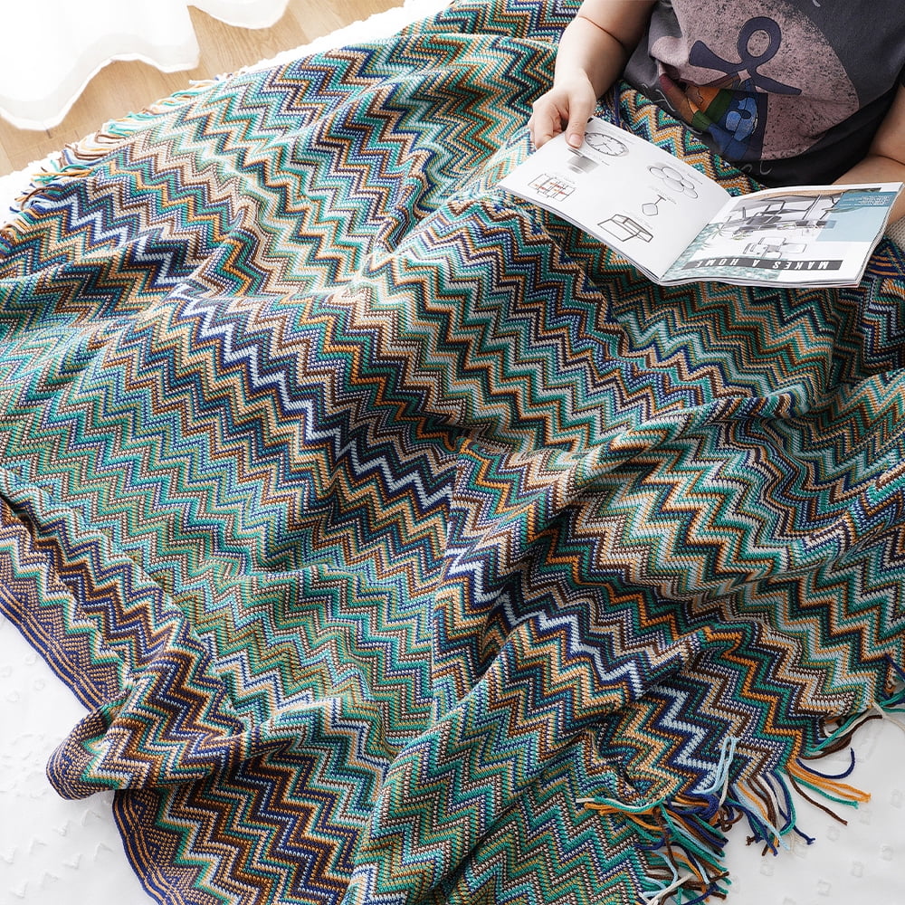 Battilo Blue Boho Throw Blanket,Cozy Knit Teal Blanket with Tassel,Lightweight Afghan Blanket, 50"x60"