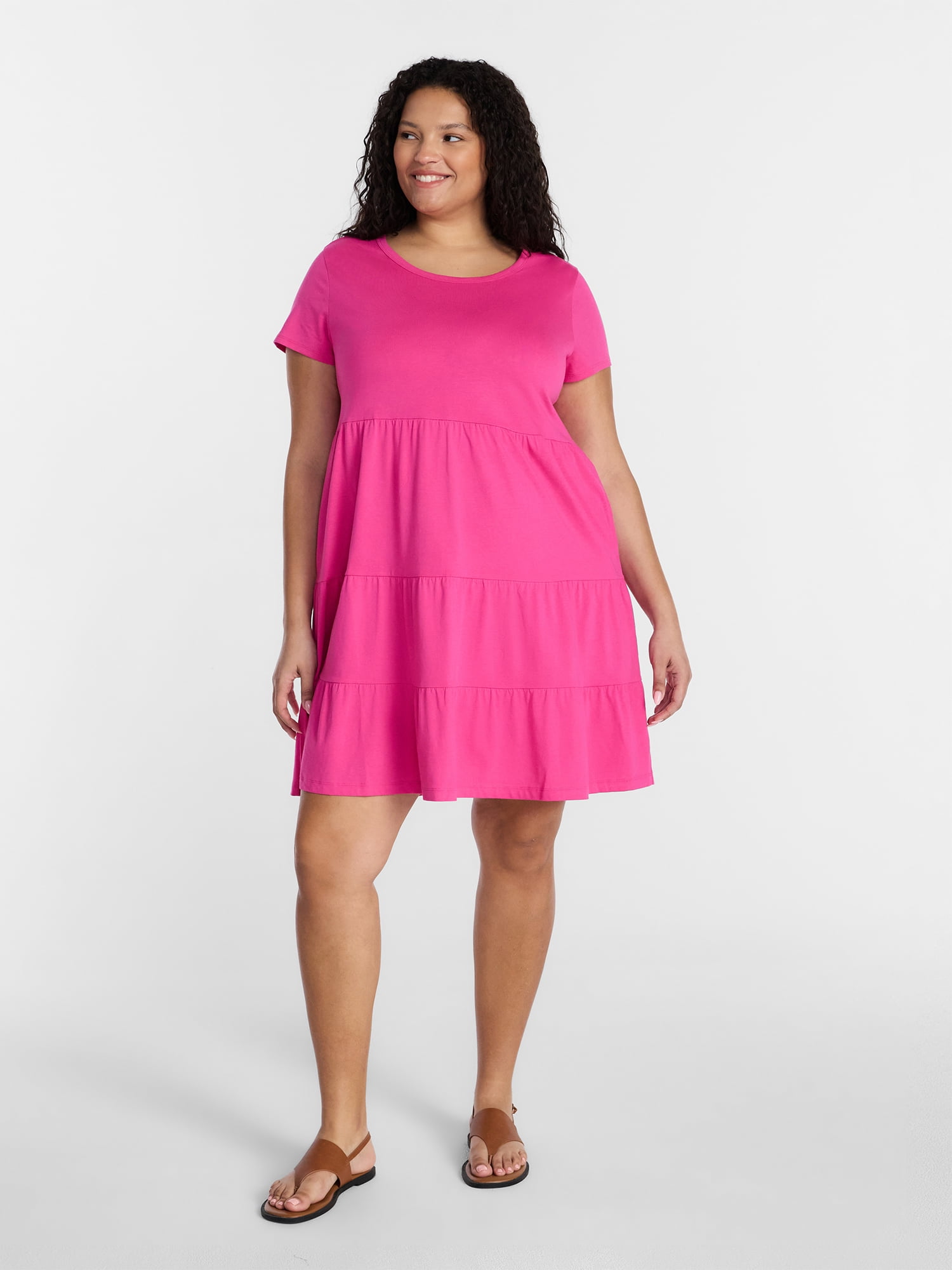 Time and Tru Women's Tiered Cotton Mini Dress with Short Sleeves, Sizes XS-XXXL