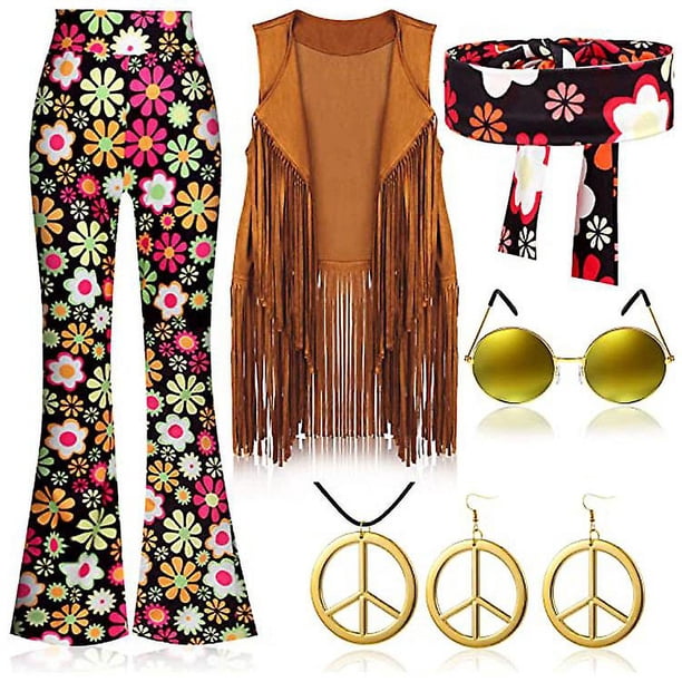 Disfraz Retro de fiesta Hippie de los años 70, chaleco con borlas, pantalones y bufanda