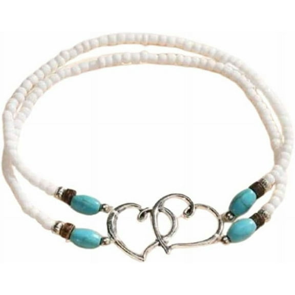 Double Heart Ankle Bracelet for Women Layered Love Heart Stretch Anklet Boho Rice Beaded Turquoise Heart Anklet Holiday Summer Beach Elastic Foot Chain Jewelry Gift