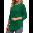 thumbnail image 3 of Blusas de Mujer con Mangas 3/4, Cuello Redondo, Túnicas Casuales, Camisas Plisadas Básicas, Corte Holgado, 2025 Verde Oscuro L, 3 of 5