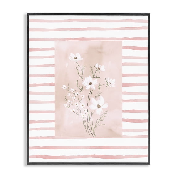 Stupell Industries Traditional White Cosmos on Pink Stripes Black Framed Giclee Art, 11 x 14, by Lucille Price