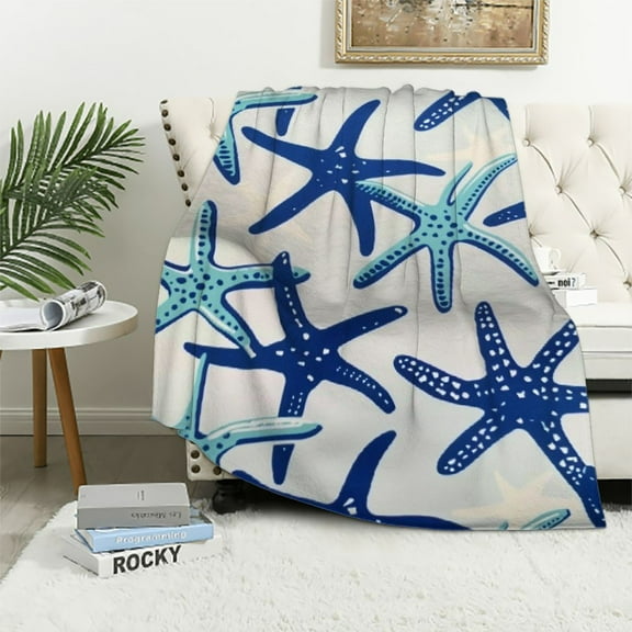 JRXY Starfish Body Nautical Navy Blue and Turquoise Sea Stars Summer Beach Marine Ocean Animal Theme Flannel Fleece Blanket White