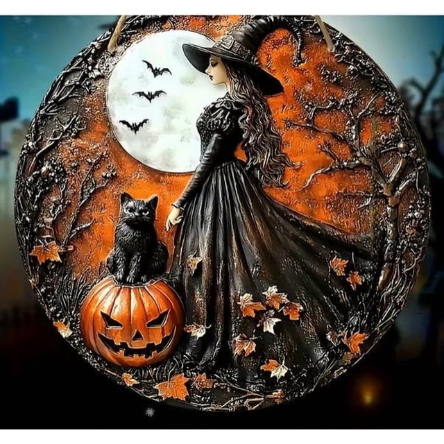 Letrero redondo vintage de Halloween con diseño de bruja de metal para el hogar, bar, cocina, hotel, comedor, cafetería.