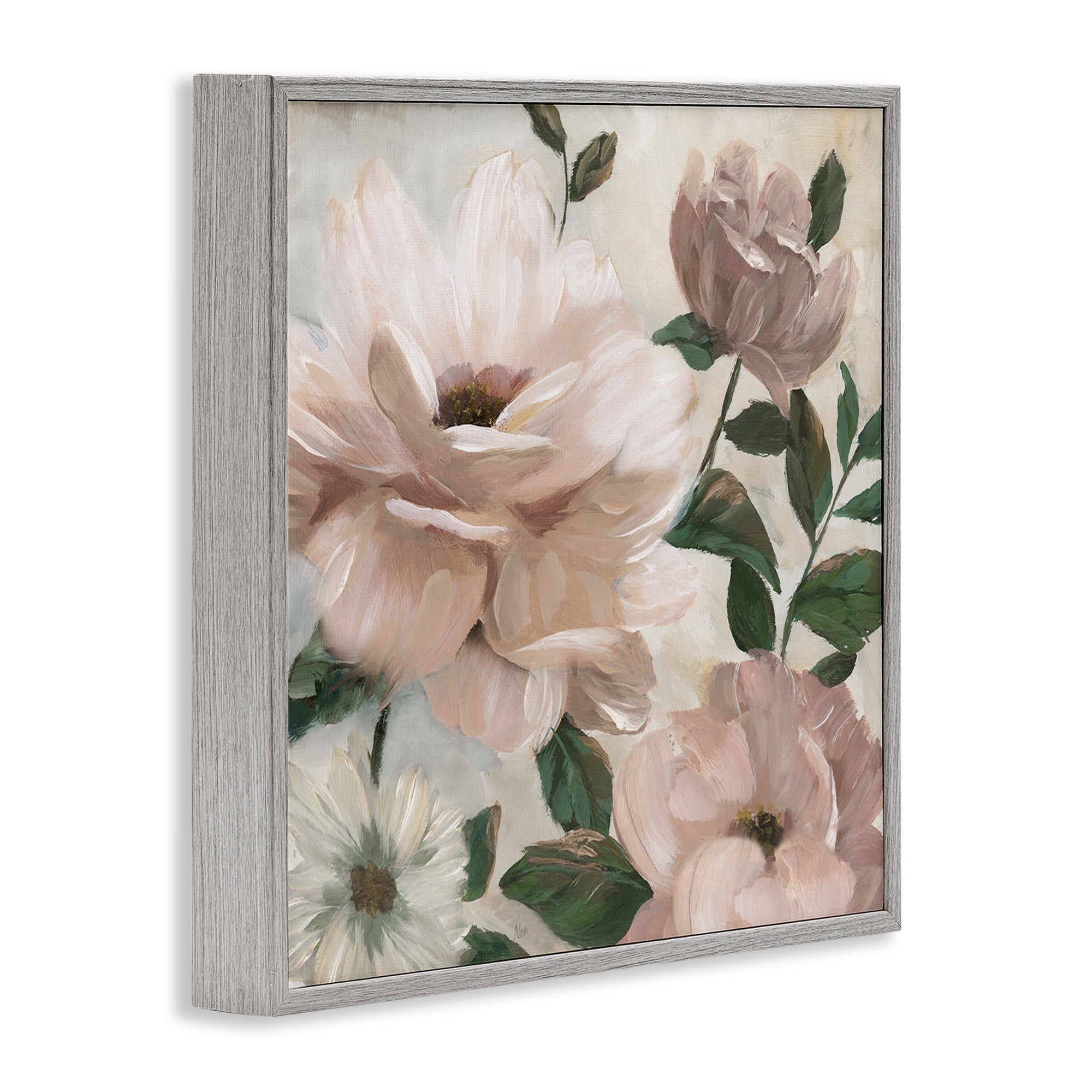 Stupell Industries Budding Blush Peonies & Leaves Gray Framed Giclee Art, design by Nan