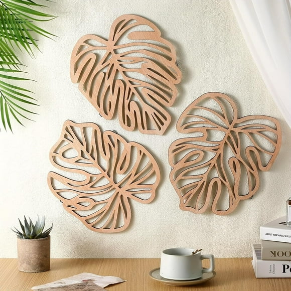 Decoración de pared ULIOMU, madera de hojas de palmera, 3 unidades, color marrón claro