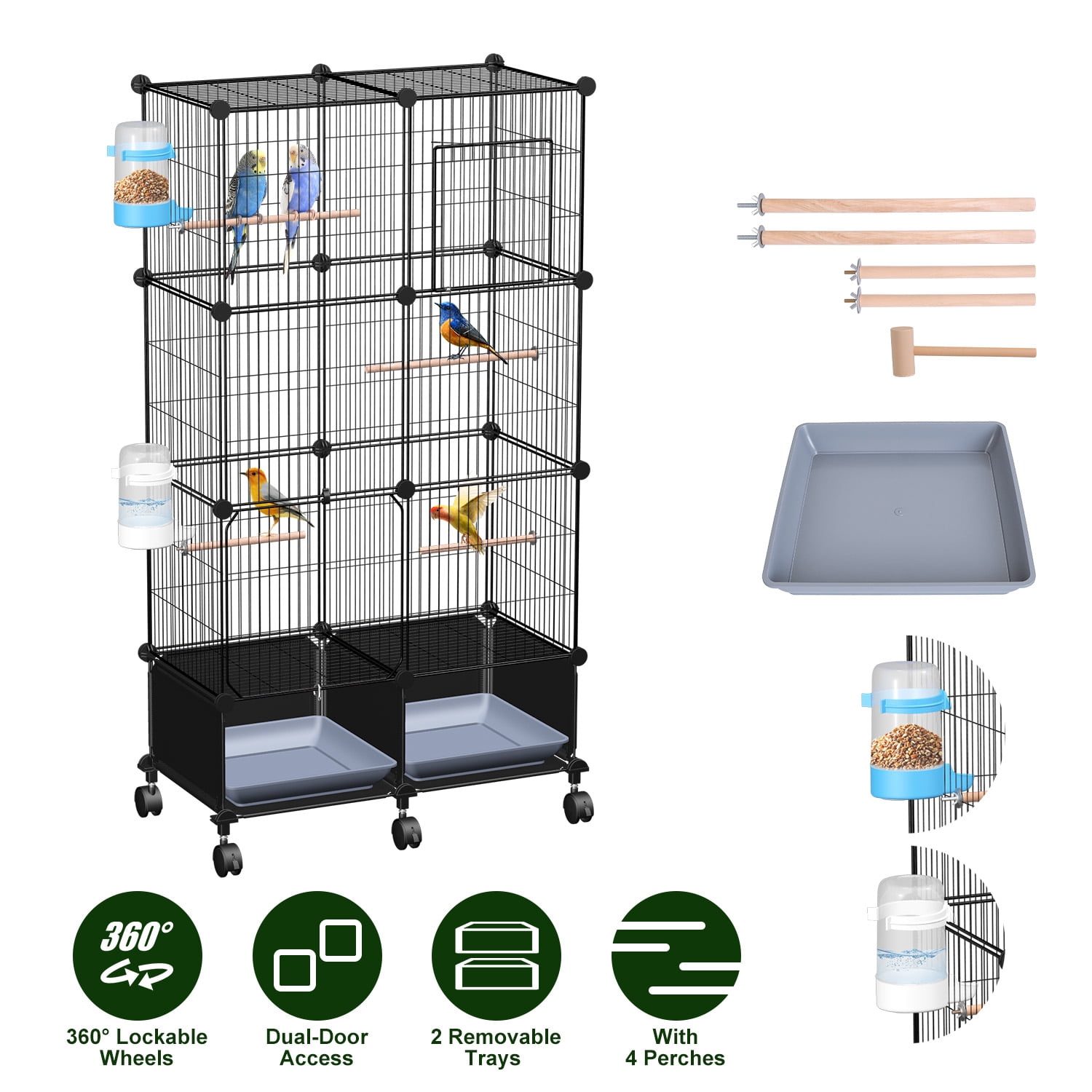 Zorpupoa 46in Spacious Indoor Bird Cage Pet Bird House with Lockable Wheels 2 Slide-Out Trays 4 Wooden Perches Feeder Set for Home Bird Care
