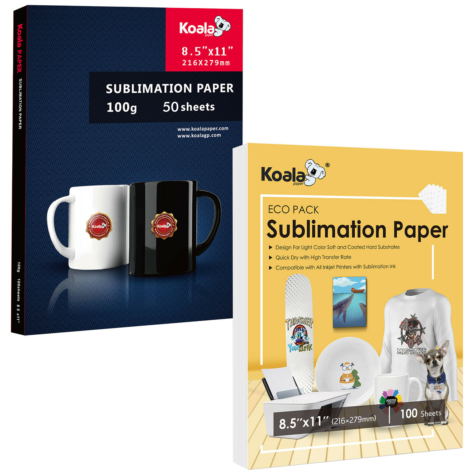 Combo Koala Sublimation Paper 8.5x11 150 Sheets for Epson Printers with  Sublimation Ink, Slow Dry Sublimation Paper 