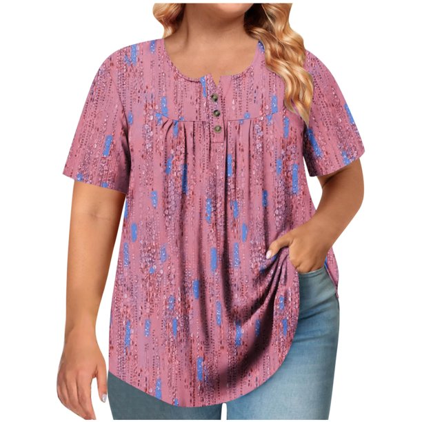 Tops de Tamaño Más de las Mujeres, Manga Corta de Tamaño Más, Cuello Redondo Botón Arriba Plisado Superior