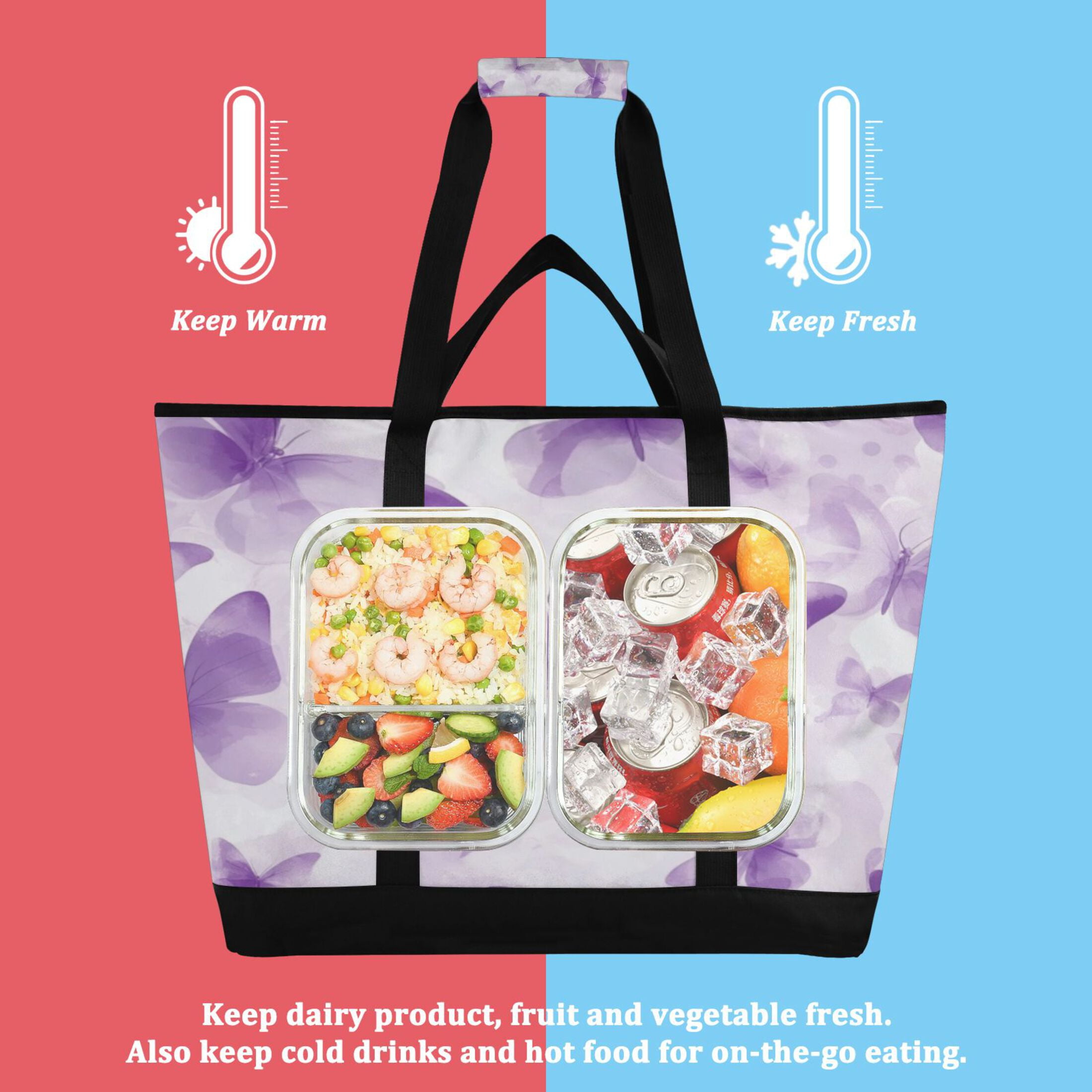 Large Hand-held Ice Pack Picnic Bag Insulation and Refrigeration Suitable for Shopping Picnics and Camping Pretty Big Purple Butterfly