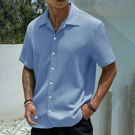 

KDJ Mens Summer Lapel Short Sleeve Shirts Fashion Vintage Textured Breathable Tops
