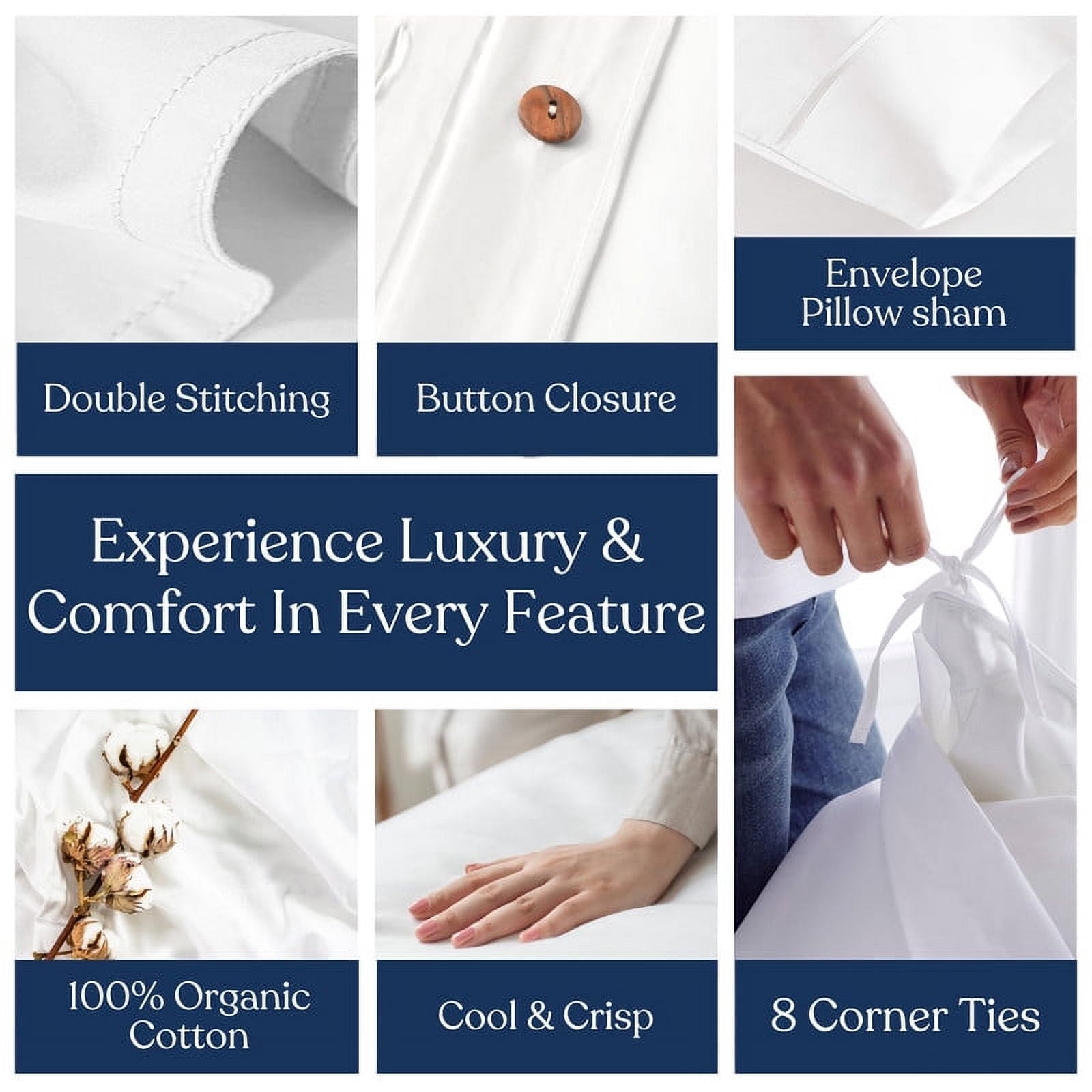 Delara Queen Organic Cotton Percale Bedding Set, 400 Thread Count, Soft Breathable Moisture-Wicking, Ivory, 7-Piece, GOTS Certified