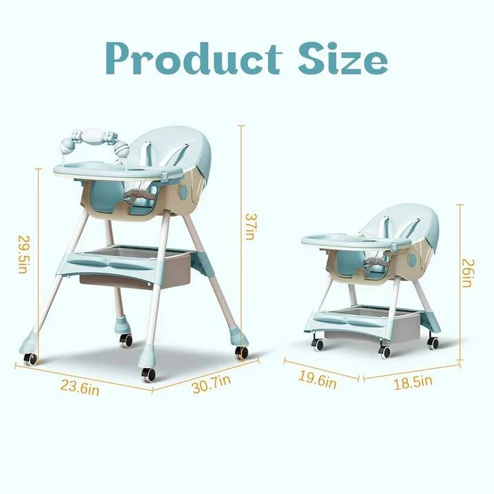 JieC Baby High Chair, 4 in 1 Convertible Highchair for Babies & Toddlers, Double Tray Dining Chair with 5-Point Harness & Silent Wheel,Cyan