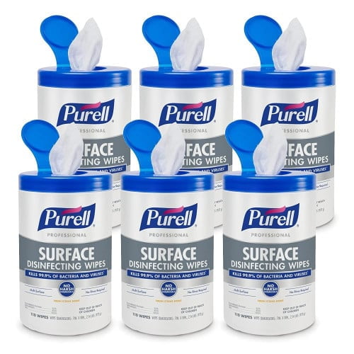 PURELL Disinfecting Wipes, Commercial Use, Alcohol-Based, 110 Count, 6 Pack, White