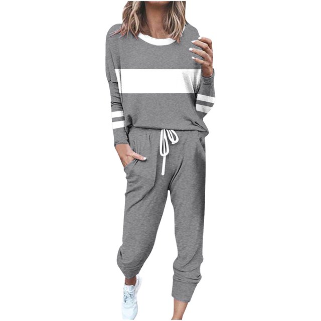 Posijego Ensemble Femme 2 Pcs Tenue Rayée Décontractée Manches Longues Col Ras du Cou Hauts Pantalons à Cordon Ensembles Détente P-5TG
