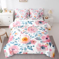 Castle Fairy Women Girls Teens Spring Graden 7-Piece Bedding Comforter Set,Pink Flower King Bedding Sets,Botanical Plants Ultra Soft Bed Sheets,Ultra Soft Home Decor