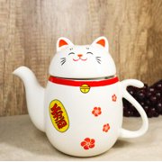 Japanese Maneki Neko Lucky Beckoning Cat Ceramic Tea Pot With Metal Strainer