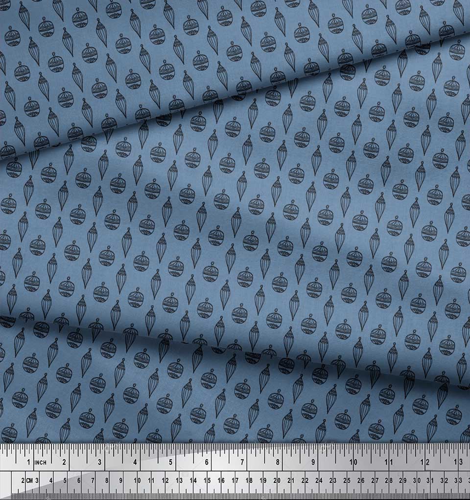 Soimoi Blue Rayon Crepe Fabric Ornament Christmas Print Fabric by the Yard 46 Inch Wide