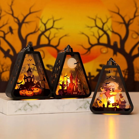 CoreLiving Halloween Lantern Decorative LED Halloween Lanterns with Warm Light for Porch Tabletop Indoor Halloween Decor Spooky Party Night Lamp