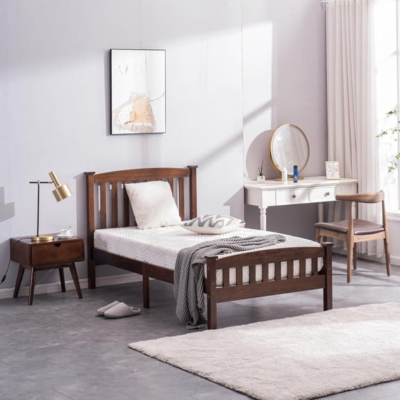 Twin Size Solid Wooden Platform Bed Frame Foundation w/Wood Slats Bedroom Walnut