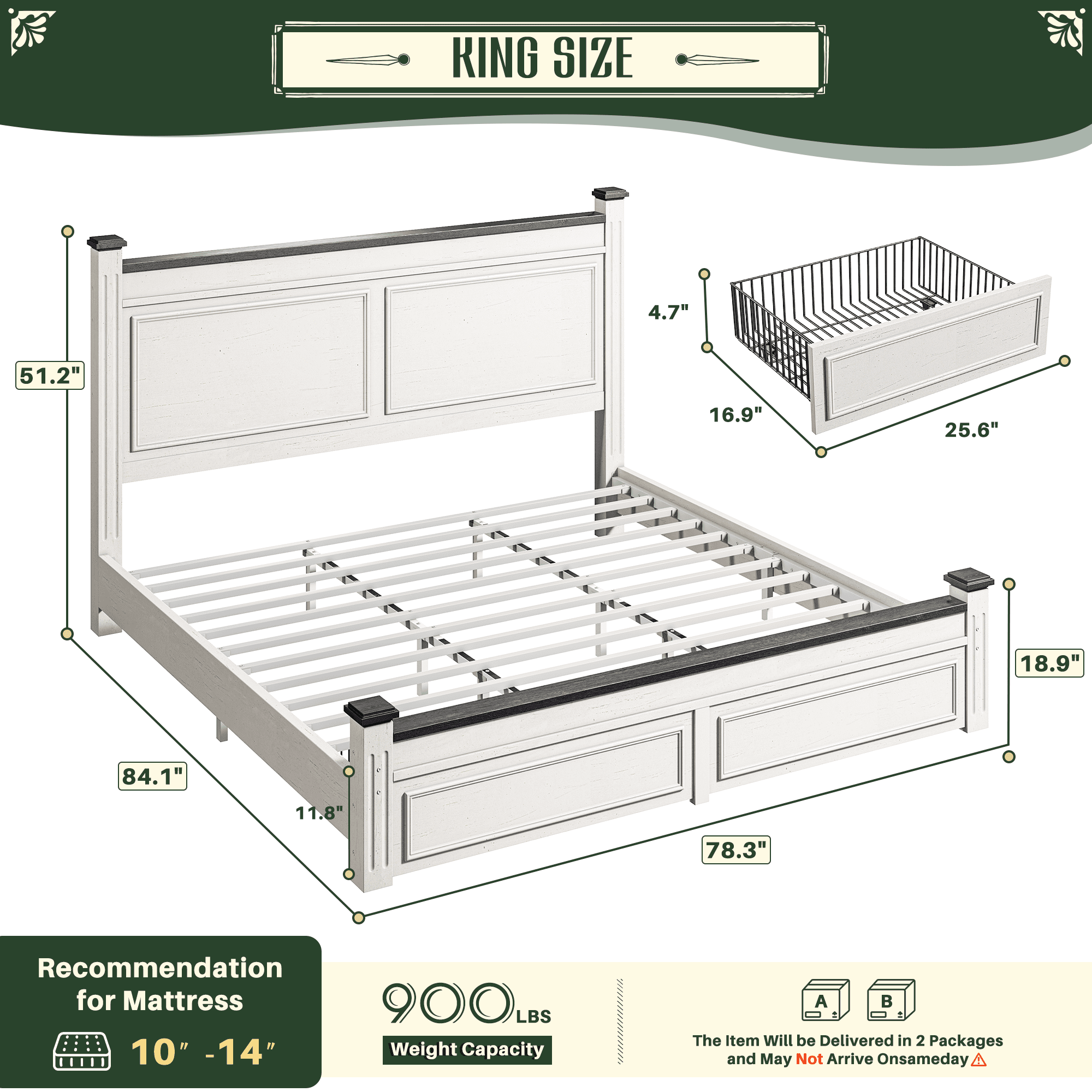 EnHomee King Bed Frame with 2 Storage Drawers King Size Bed Frame with 51.25" H Headboard Farmhouse Bed Frame NO Noise, No Box Spring Needed, White