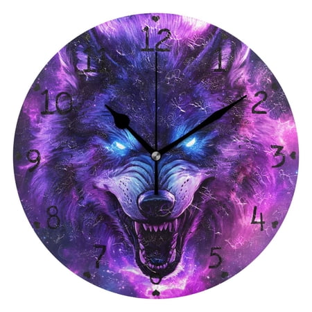 Nebula Roaring Wolf Round Wall Clock Silent Analog Battery Operated Black Pointer Home Decor 9.84 Diameter