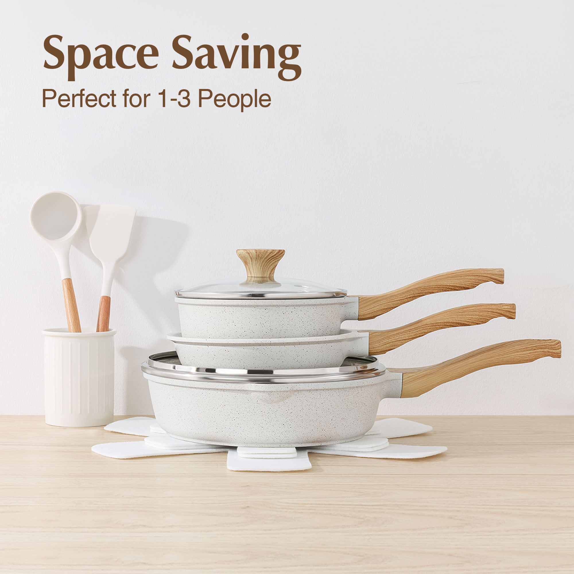 SENSARTE 17-Piece Ceramic Pots and Pans Set, White Induction Nonstick Cookware Set, Healthy Kitchen Cooking Sets with Stay-Cool Handles, Stackable