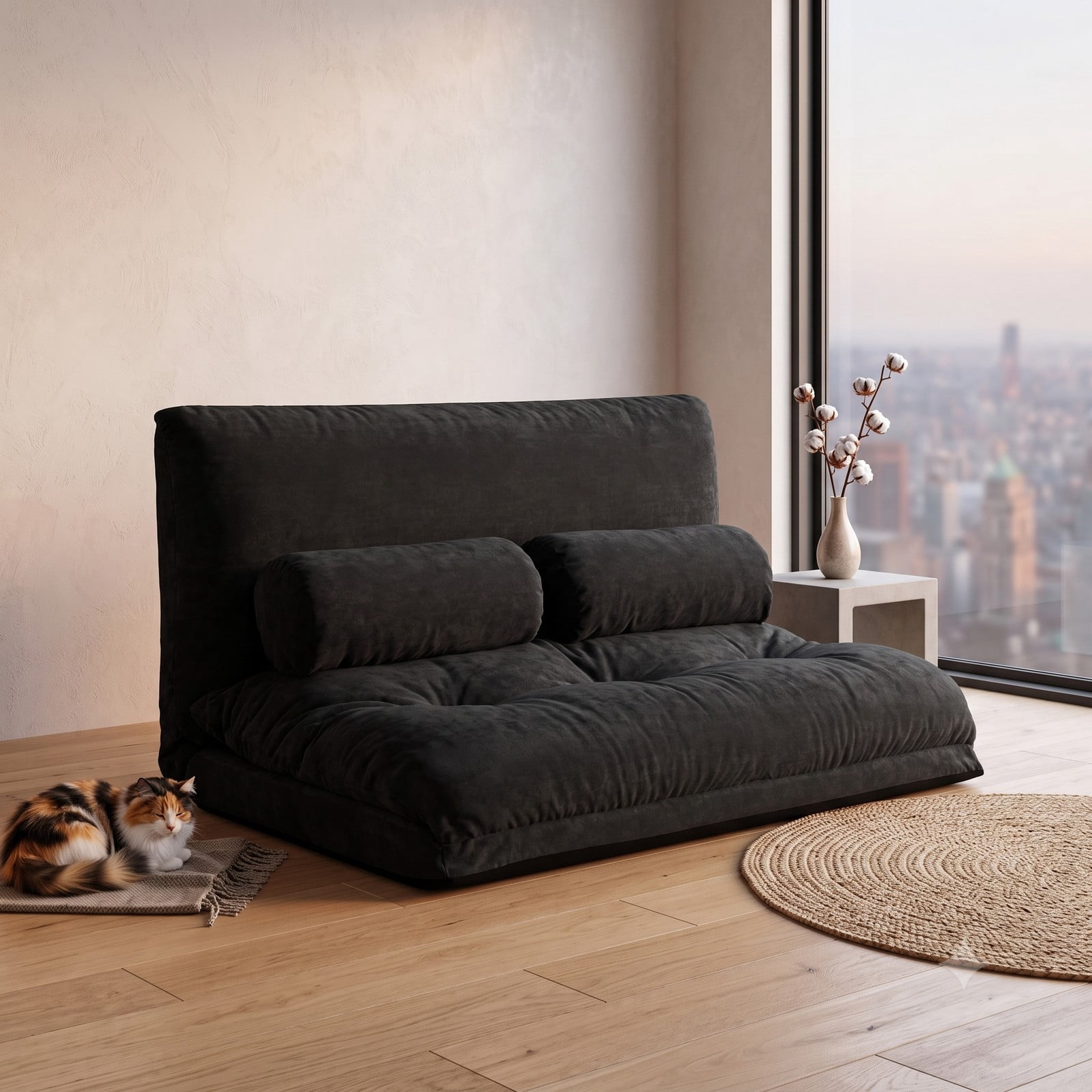 Furnibear 6-Position Adjustable Floor Sofa Bed, Foldable Sleeper Lounge Couch with 2 Pillows, Padded Corduroy Recliner Chair for Living Room Bedroom, 330 lbs, Black