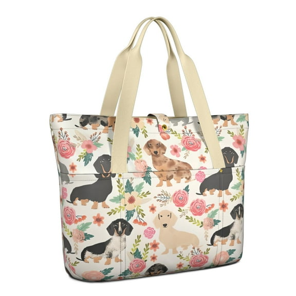 Tote Bag for Women - Dachshund and Flower Shoulder Bag - Large Utility Work Duffle Bag with Zipper Handbag for Travel, Work, Sprots