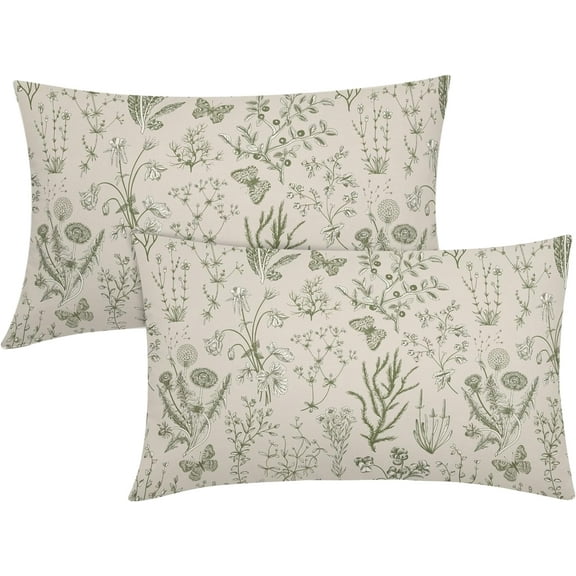 Spring Sage Green Floral Lumbar Pillow Covers 12x20 Inch Vintage Wild Flower Herbs Plant Butterfly Decorative Pillow Cases Botanical Farmhouse Cushion Covers Home Decor for Sofa Couch Set of 2