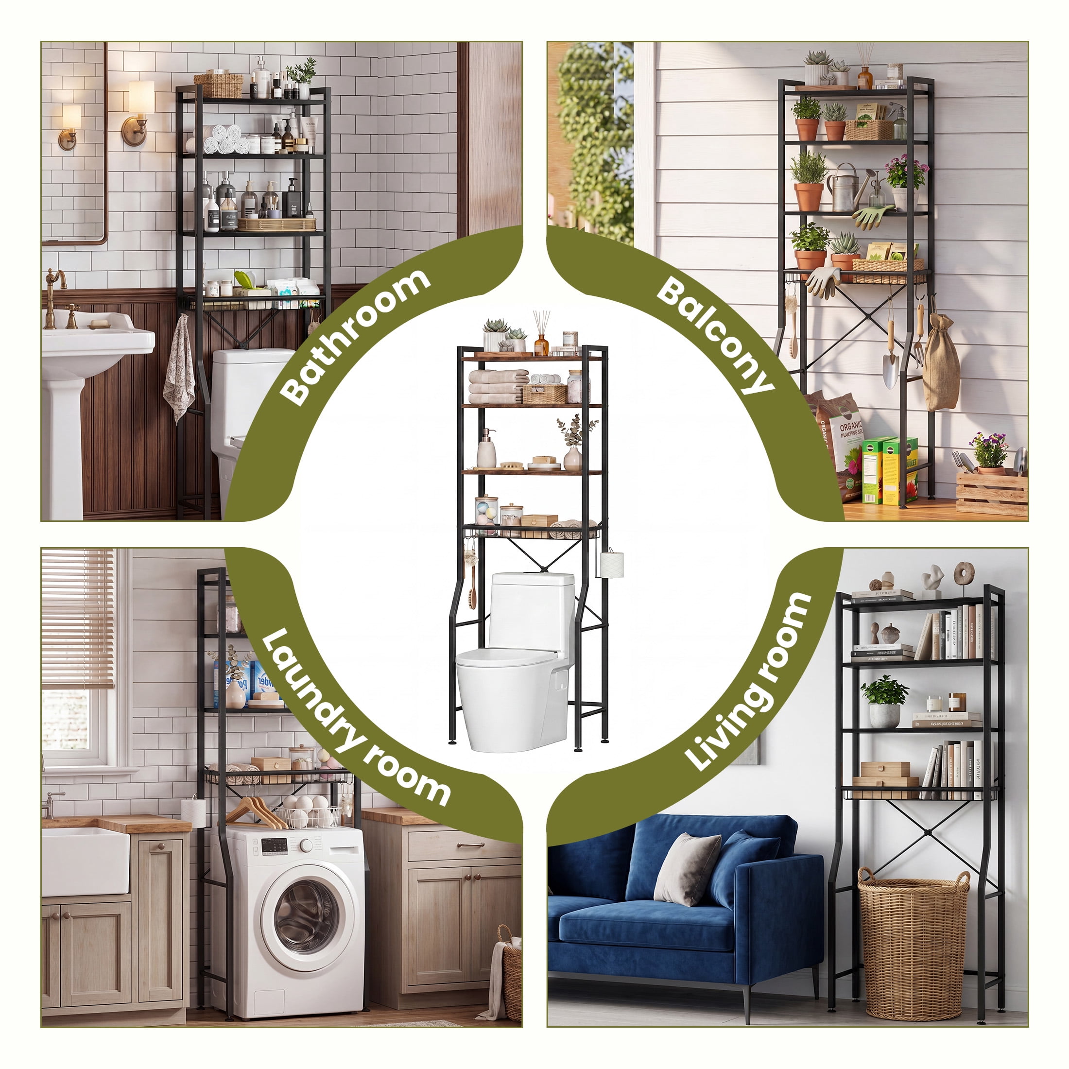 CONCETTA 4-Tier over the Toilet Bathroom Storage Rack, Adjustable Space Saver Organizer with Shelves, Basket & Hooks, Black