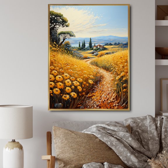 Designart "French landscapes Of Sunflowers In Normandy II" Floral Floater Framed Wall Art Print