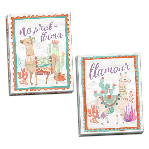 Gango Home Decor Contemporary Lovely Llamas II Llamour & IV No Probllama by Mary Urban (Ready to Hang); Two 16x20in Hand-Stretched Canvases
