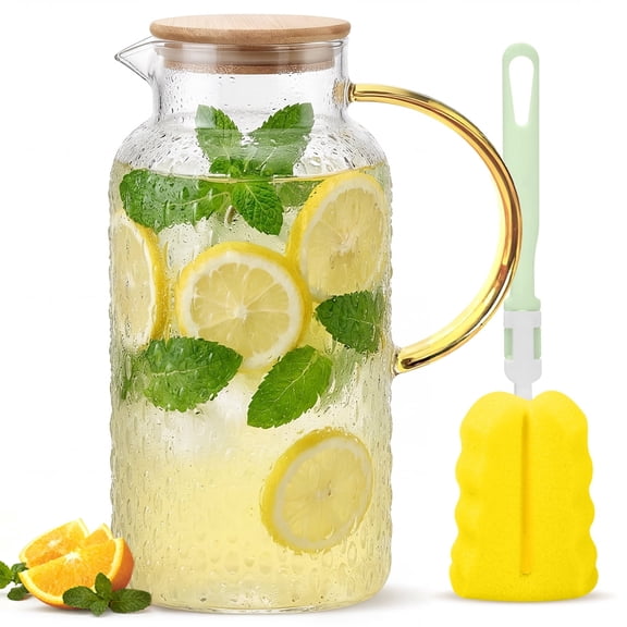 64oz  Glass Pitcher, Water Pitcher with Lid and Spout, 1.8L Glass Carafe for Fridge, Thickened Borosilicate Iced Juice Jugs for Cold and Hot Beverage, Easy Clean Heat Resistant Glass Jug