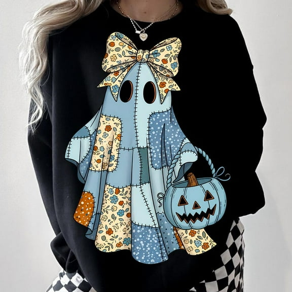 Retro Halloween Blue Denim Ghost Shirt, Trendy Patchwork Spooky Ghost Shirt, Cute Boo Ghost Coquette Sweatshirt, Fall Pumpkin Shirt, Spooky Season Shirt