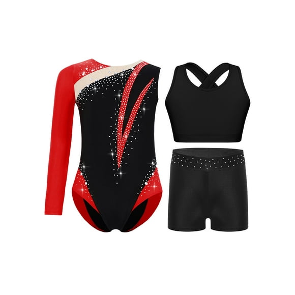 inlzdz Justaucorps de Danse pour Filles avec Strass Brillants, Bloc de Couleur, Justaucorps de Patinage Asymétrique Bourgogne 6